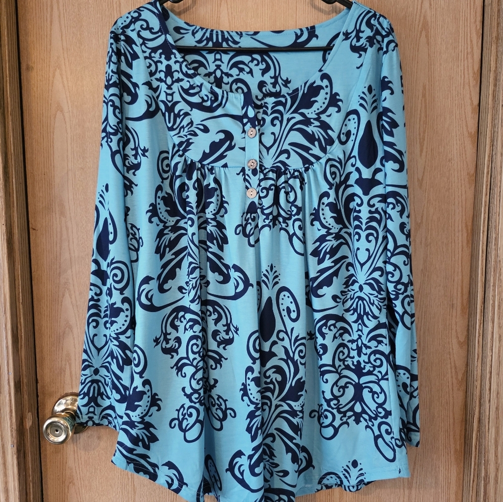 Blue and Black Patterned Long Sleeve Top